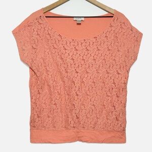 Loft lace front cap sleeve blouse peachy coral M